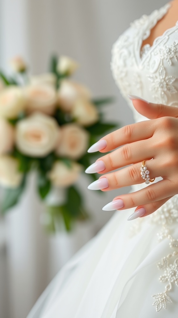 A close-up of a bride's hand showing beautifully manicured acrylic nails with a soft gradient design, holding a bouquet of roses.
