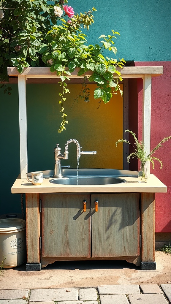A stylish outdoor kitchen sink with a faucet, surrounded by greenery and colorful walls.
