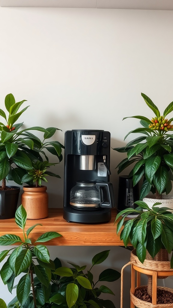 A coffee maker surrounded by various indoor plants, creating a green and inviting kitchen space.