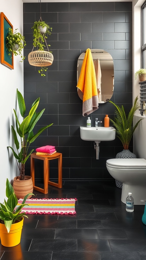 A modern bathroom with a black floor featuring colorful accents like plants, towels, and decor items.