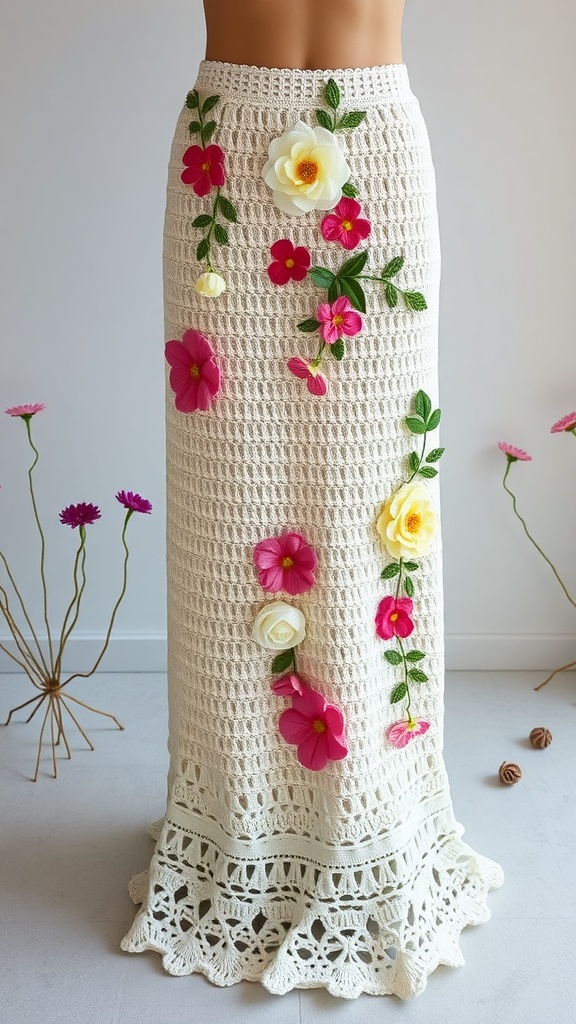 A crochet maxi skirt decorated with colorful flowers, showcasing a unique and vibrant design.