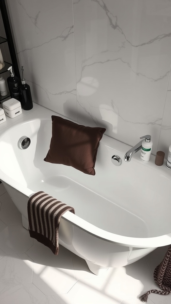 Modern bathroom with a white tub, brown pillow, and striped towel.