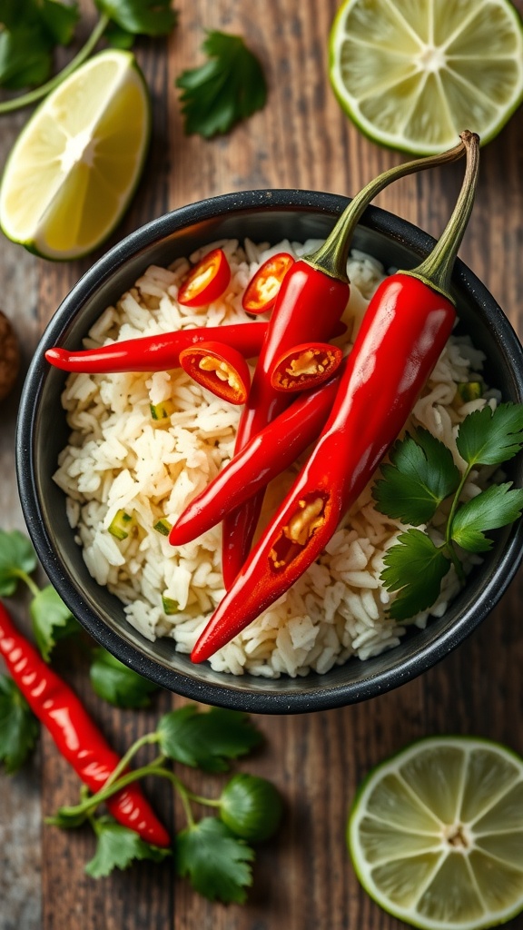 A bowl of cilantro lime rice topped with sliced red chili peppers and fresh cilantro, with lime wedges and whole chili peppers nearby.