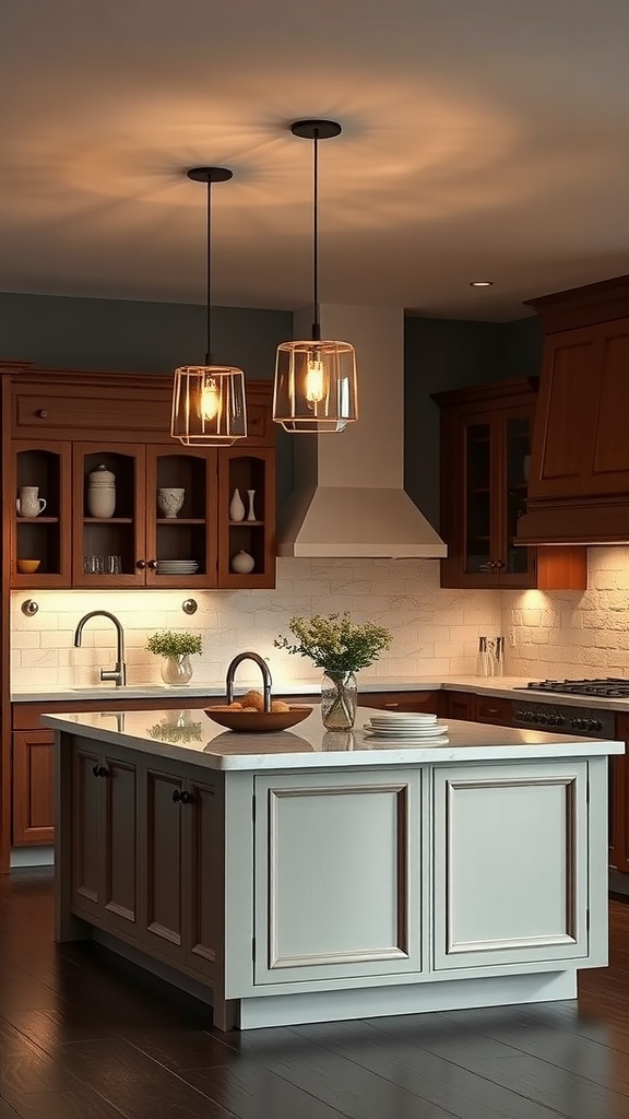 A beautifully designed kitchen island with pendant lights, showcasing a modern style.