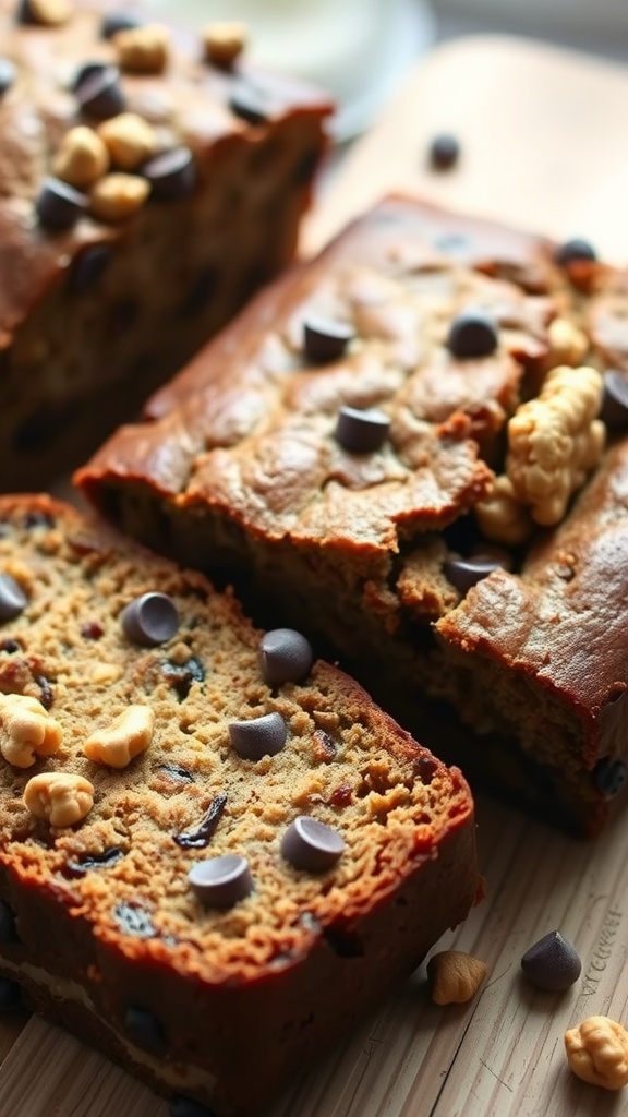 A loaf of chocolate chip banana bread with nuts and chocolate chips sprinkled on top.