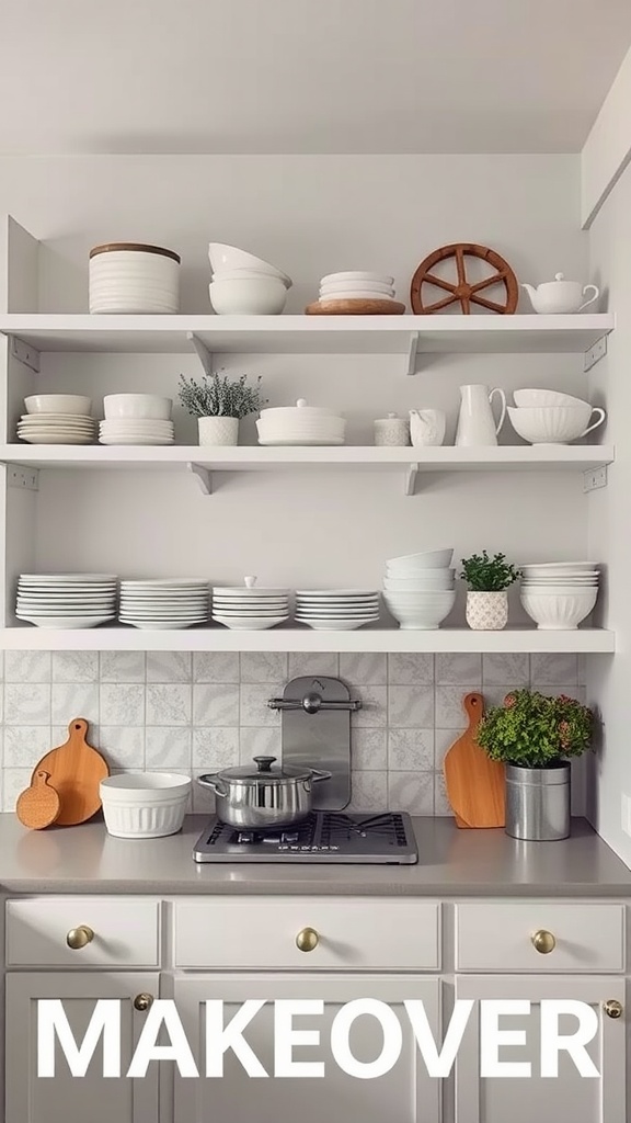 Open shelving in a modern kitchen with white dishes and decorative items arranged neatly.