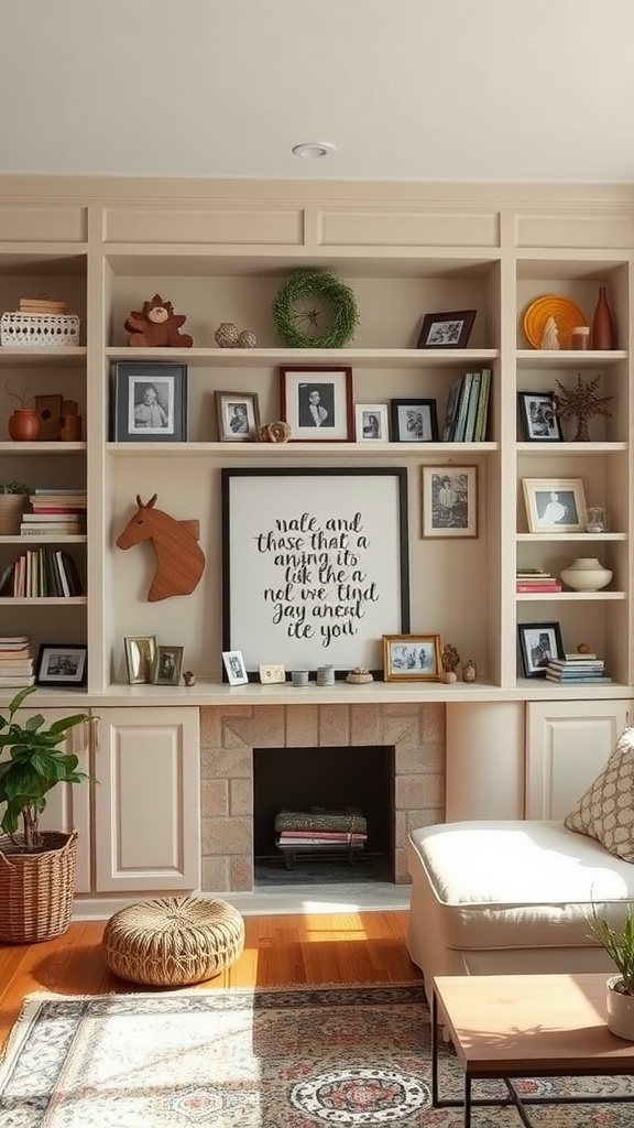 Cozy living room with built-in shelves showcasing personal items and decor.