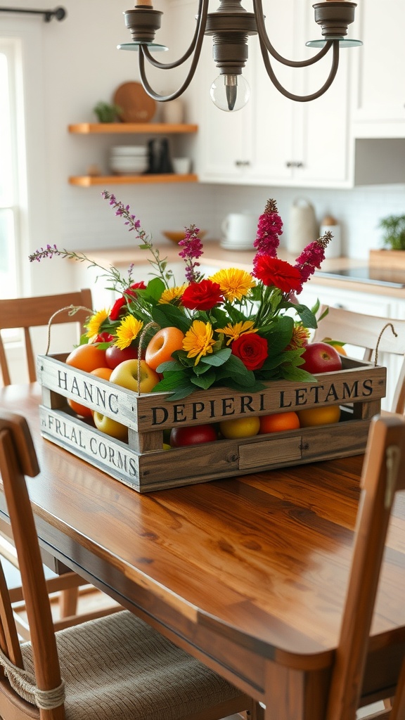 A farmhouse kitchen table with a wooden crate filled with fruits and flowers as a centerpiece.
