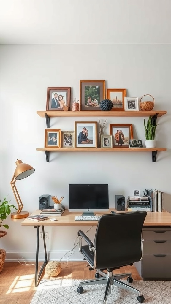Cozy small home office with framed photos and decorative items on shelves.