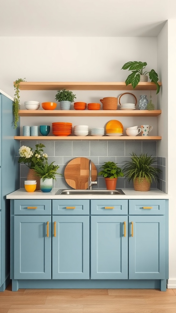 A bright kitchen featuring blue cabinets, open shelving with colorful dishes, and potted plants.
