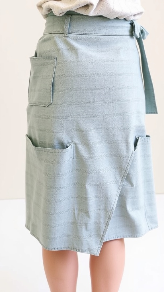 A close-up view of a wrap skirt featuring side pockets.