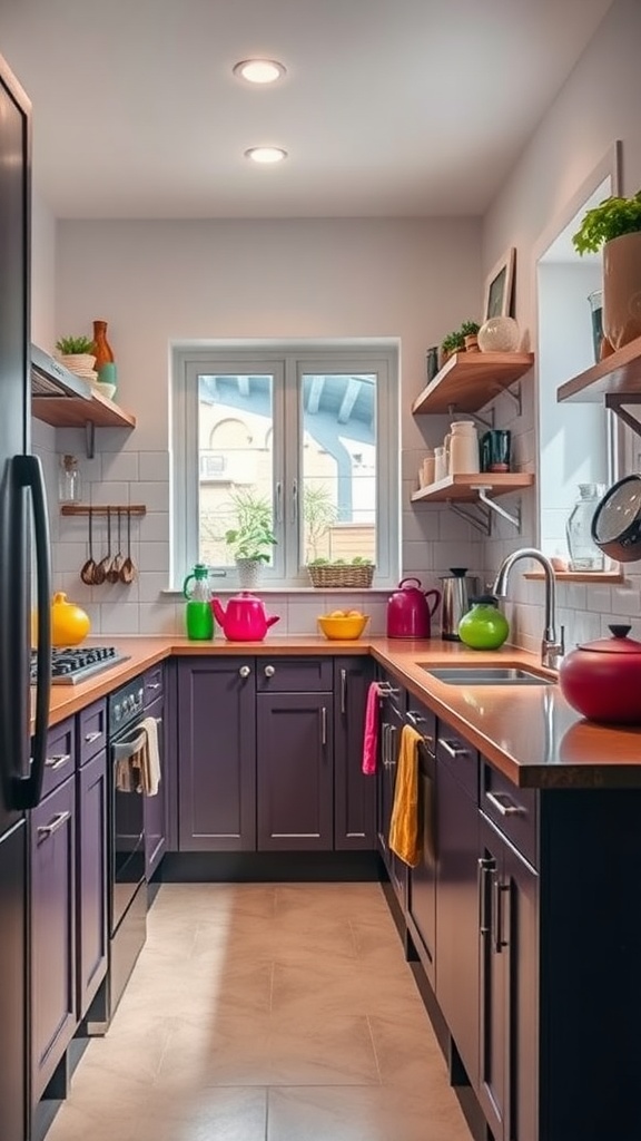 Small galley kitchen with colorful accessories, dark cabinets, and light countertops