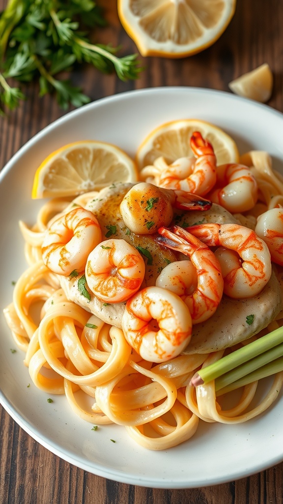 Creamy Chicken Alfredo with seafood, featuring shrimp on fettuccine pasta, garnished with parsley and lemon.