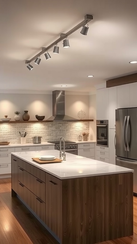 Modern kitchen with adjustable track lighting over an island