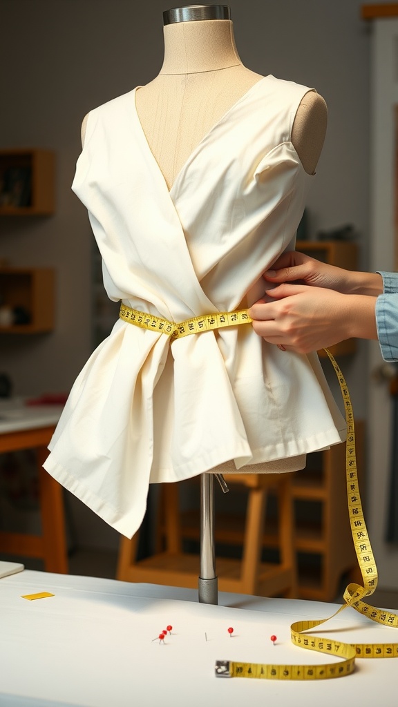 A dress form with a white wrap skirt being measured with a tape measure for fitting adjustments.