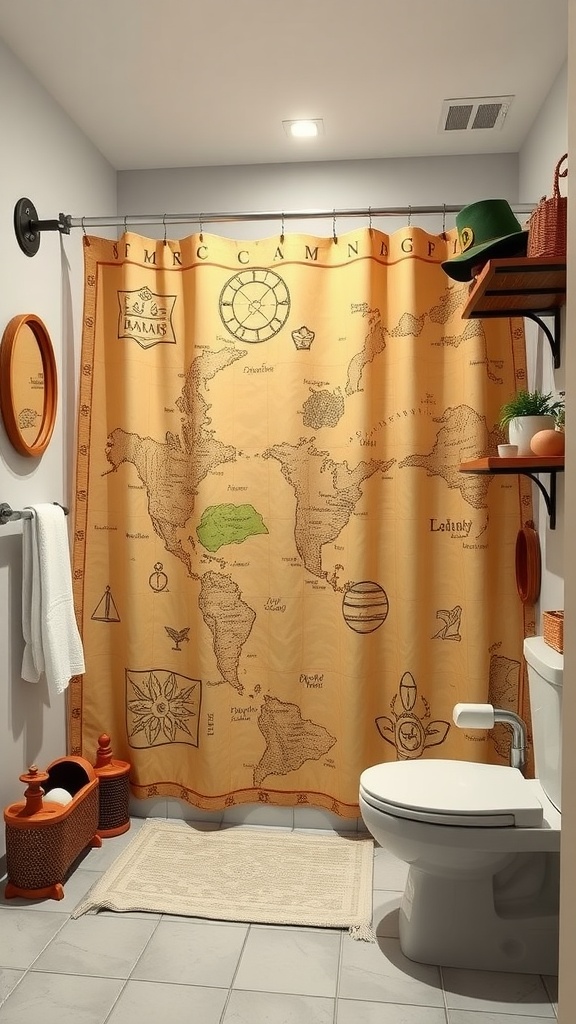 A colorful shower curtain featuring a world map in a kids' bathroom setting.
