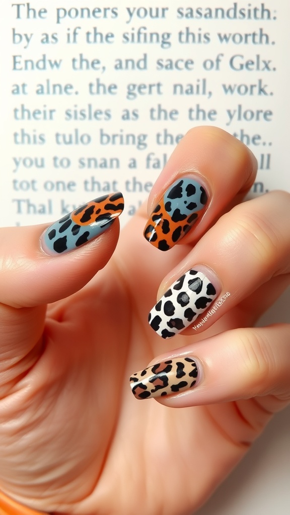 A hand displaying gel nails with a mix of animal prints in blue, orange, black, and beige.