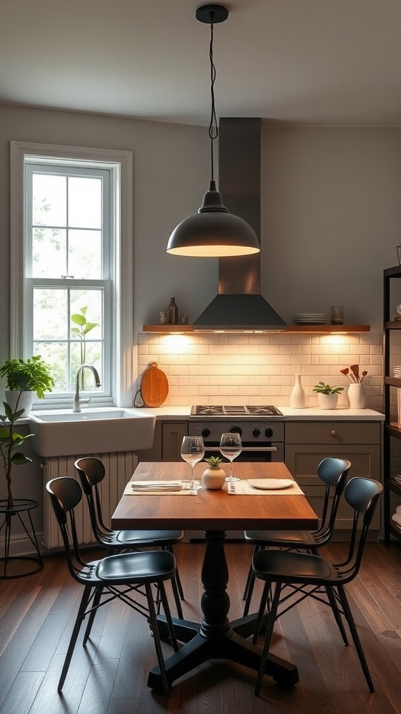 A small kitchen featuring a wooden table surrounded by black chairs, illuminated by a stylish pendant light, with plants and decorative items on the counter.