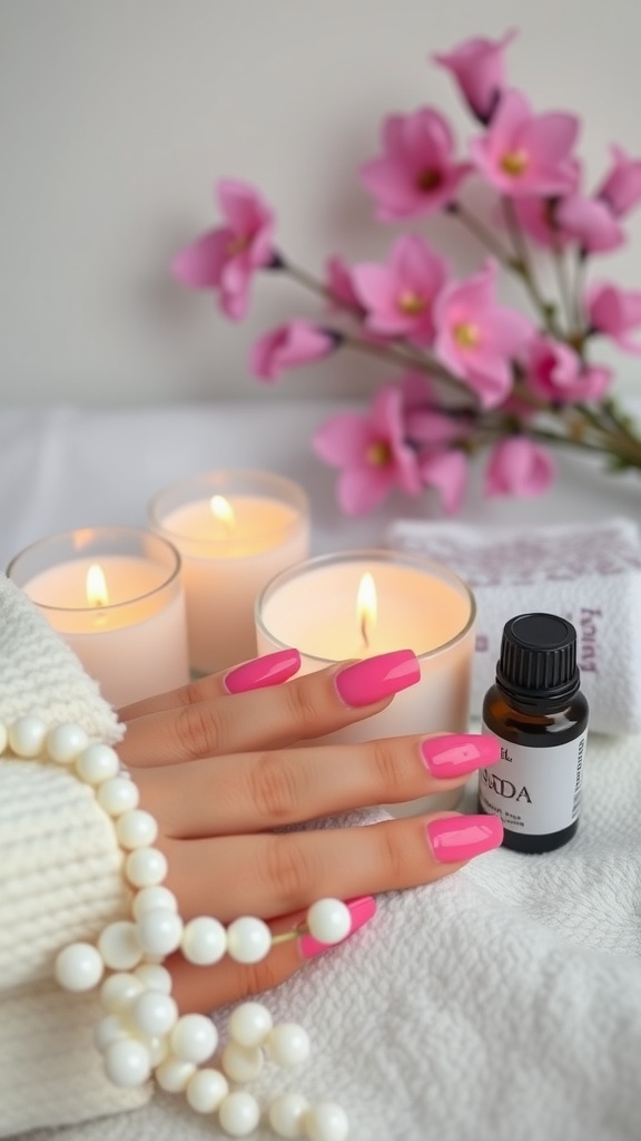 A hand with pink chrome French tip nails, surrounded by candles and flowers, emphasizing a self-care theme.