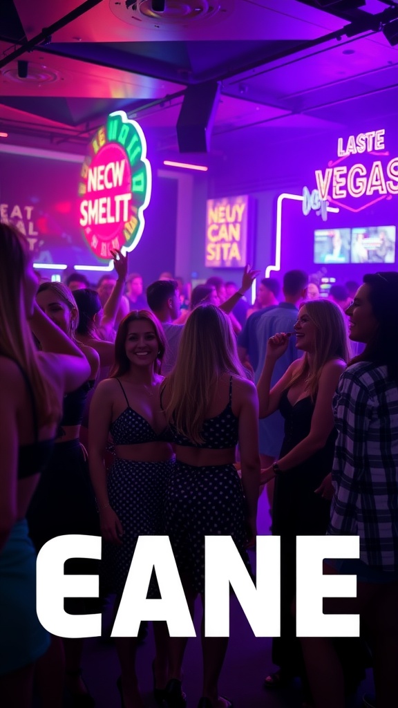 A lively nightclub scene in Las Vegas with colorful neon lights and a crowd enjoying the night.