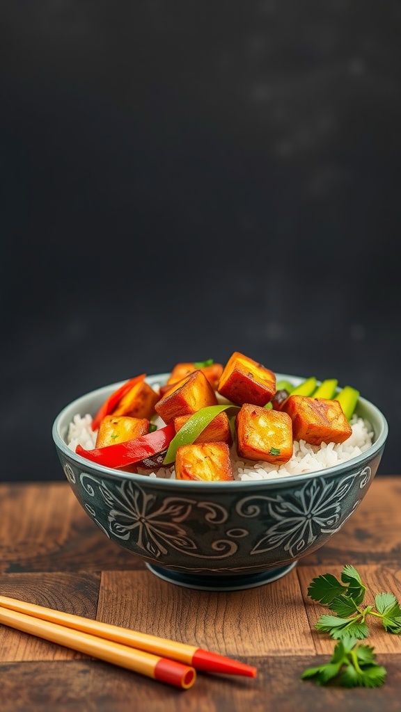A bowl of air fryer tofu stir-fry with vegetables and rice