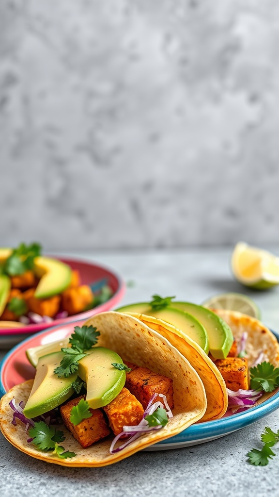 Air fryer tofu tacos with avocado, topped with cilantro and served on colorful plates.