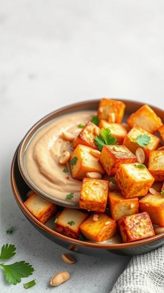 Air fryer tofu served with creamy peanut sauce, garnished with peanuts and cilantro.