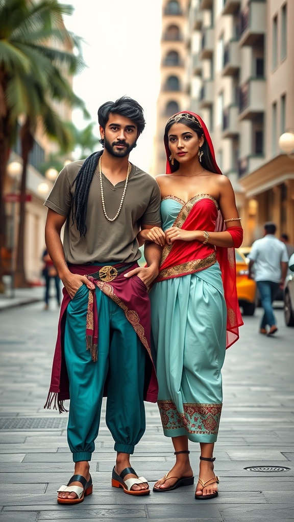 A couple dressed in modern versions of Aladdin and Jasmine's outfits, standing on a city street.