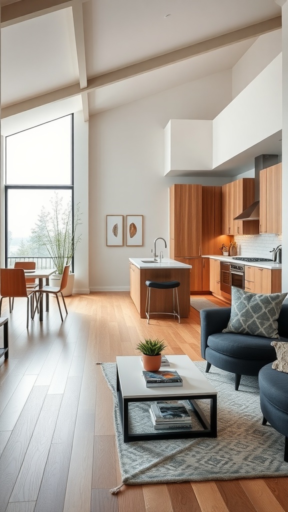 Open concept kitchen and living area featuring alder wood cabinets and modern decor.
