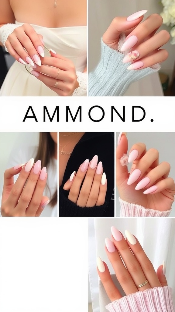 A collage of almond-shaped nails in different designs and colors, showcasing their versatility for various occasions.