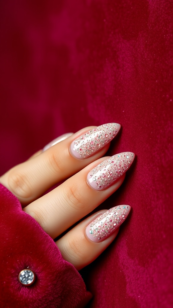 Close-up of almond-shaped nails with pink glitter on a velvet background
