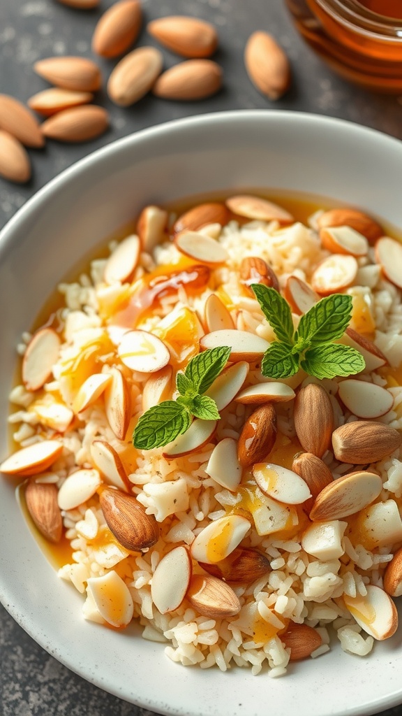 A bowl of sweet rice topped with sliced almonds, honey, and mint leaves.