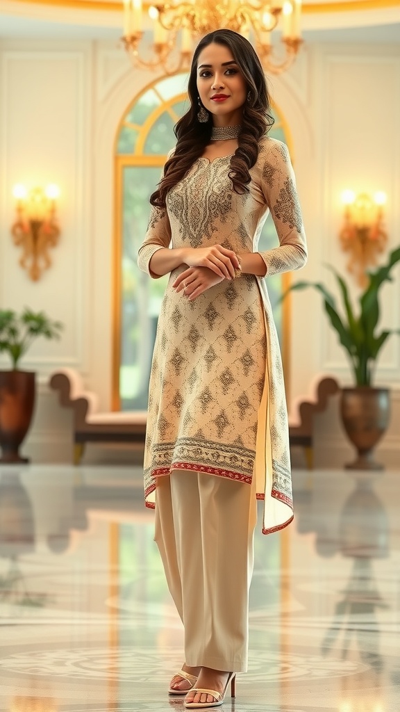 A woman wearing a beige Anarkali outfit with trousers, set in a stylish indoor environment.