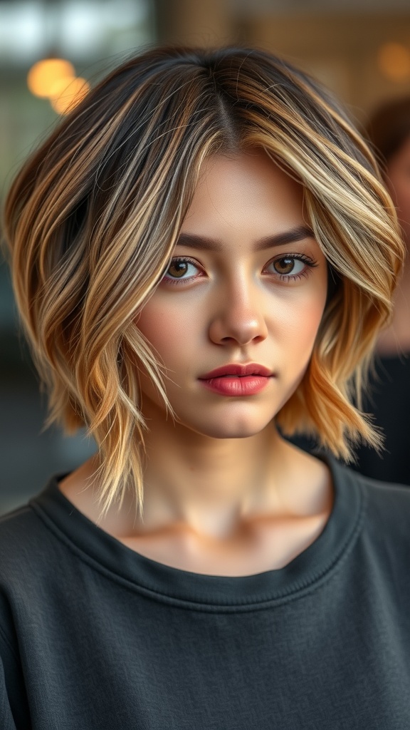 A close-up of a young woman with an angled bob hairstyle featuring face-framing layers, showcasing a stylish and modern look.