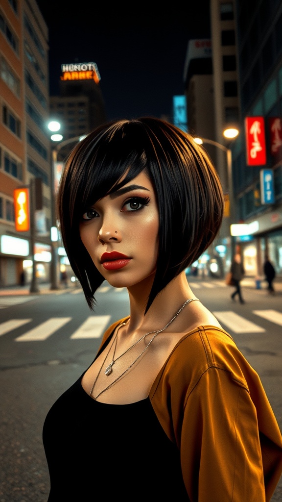 A person with an angular bob hairstyle, standing confidently in an urban setting at night.