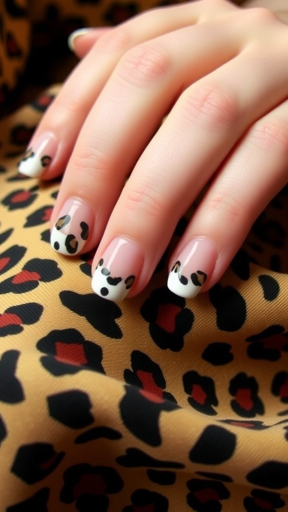 Hands with leopard print accent French tips on a leopard print background.