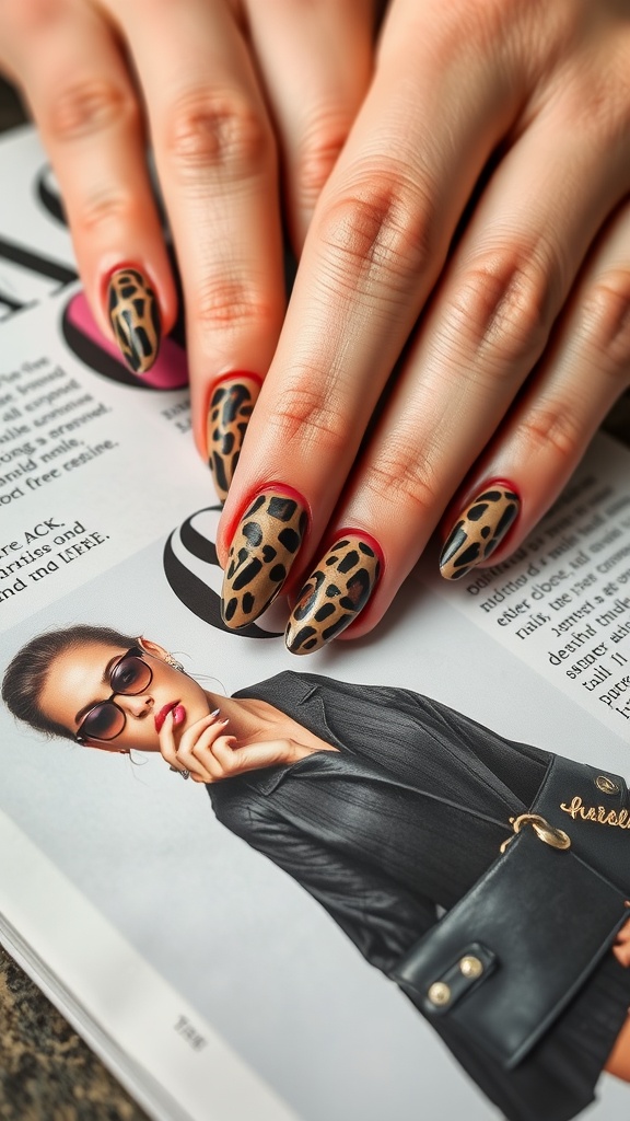 Close-up of almond-shaped nails with leopard print design, resting on a fashion magazine.