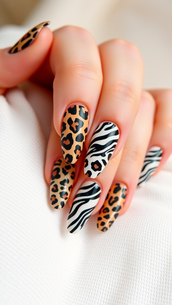 A close-up of hands with almond-shaped nails featuring leopard and zebra print designs.