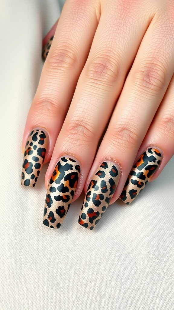Close-up of hands with leopard print coffin nails featuring black, brown, and orange colors.