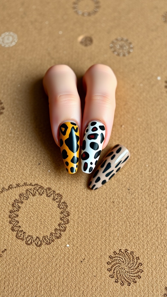 Three animal print coffin nails displayed on a textured brown background