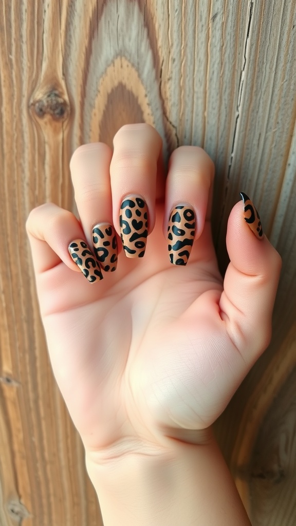 A hand with leopard print coffin nails resting on a wooden surface.