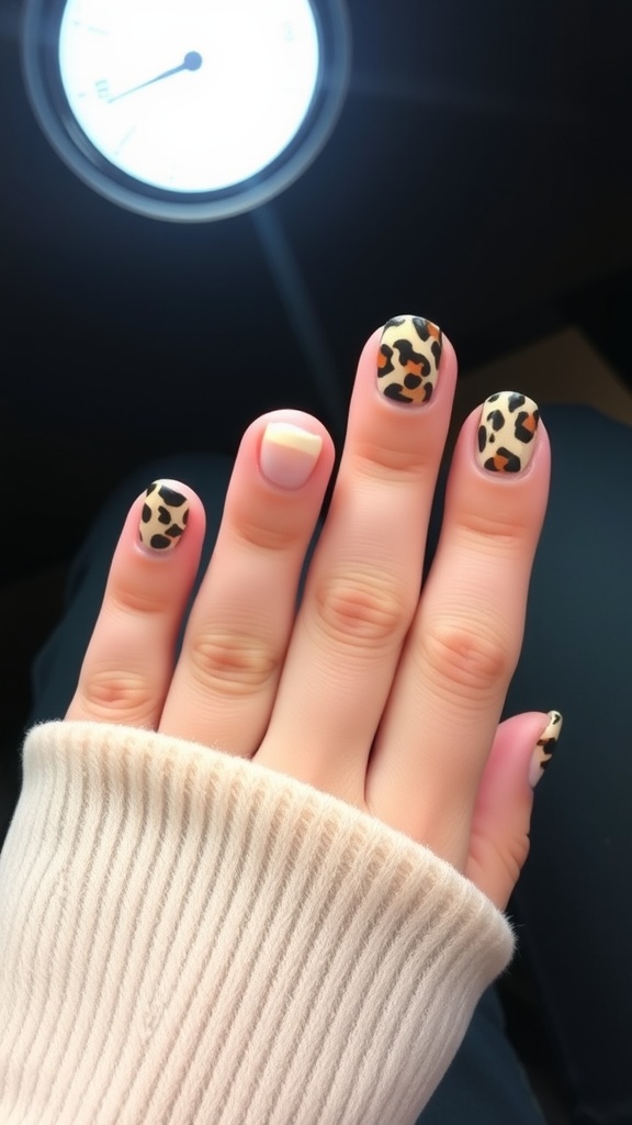 Close-up of short nails with leopard print designs and one accent nail in pastel color