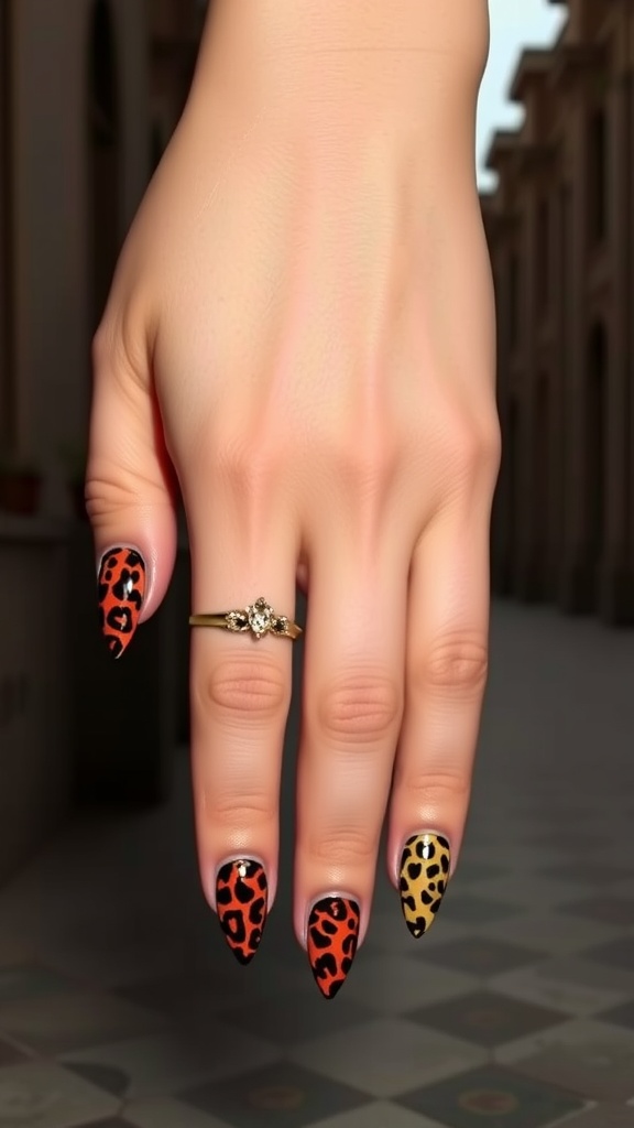 A hand displaying stiletto nails with orange and black leopard prints.