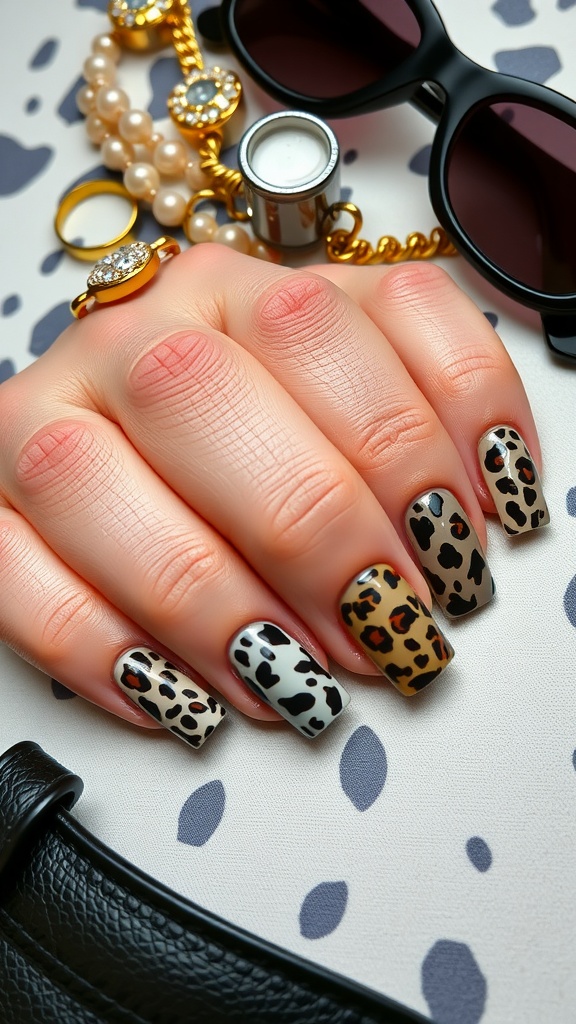 A hand with square nails featuring animal print designs, surrounded by stylish accessories.