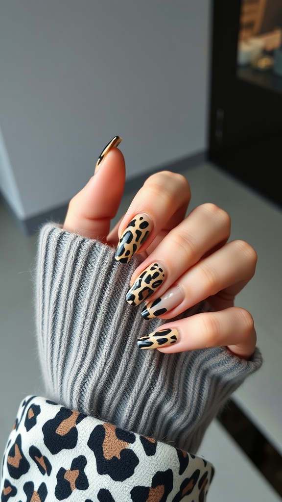 Stylish animal print nails with a gold accent, paired with a cozy gray sweater featuring a leopard print design.