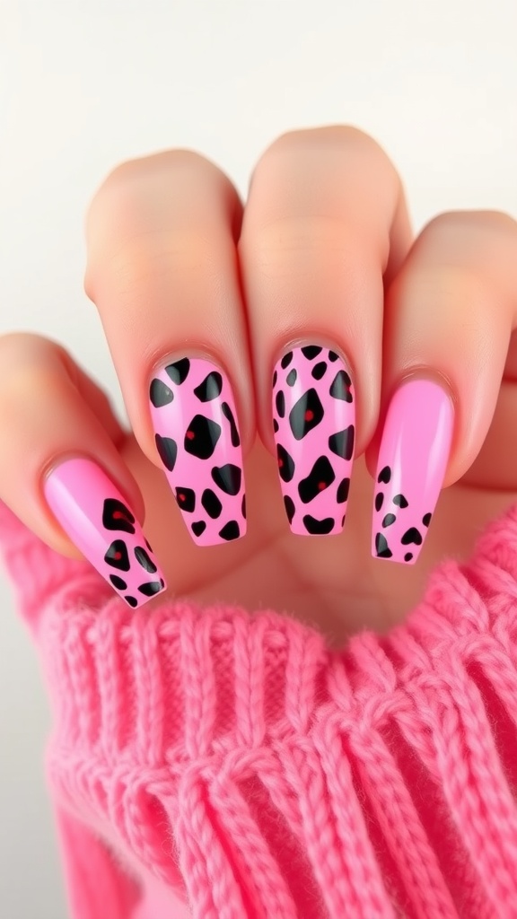 Pink acrylic nails with black and pink animal print designs