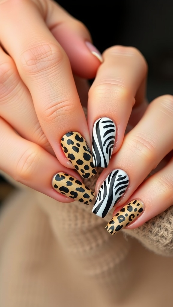 Nail art featuring animal prints with leopard and zebra designs in vibrant colors.