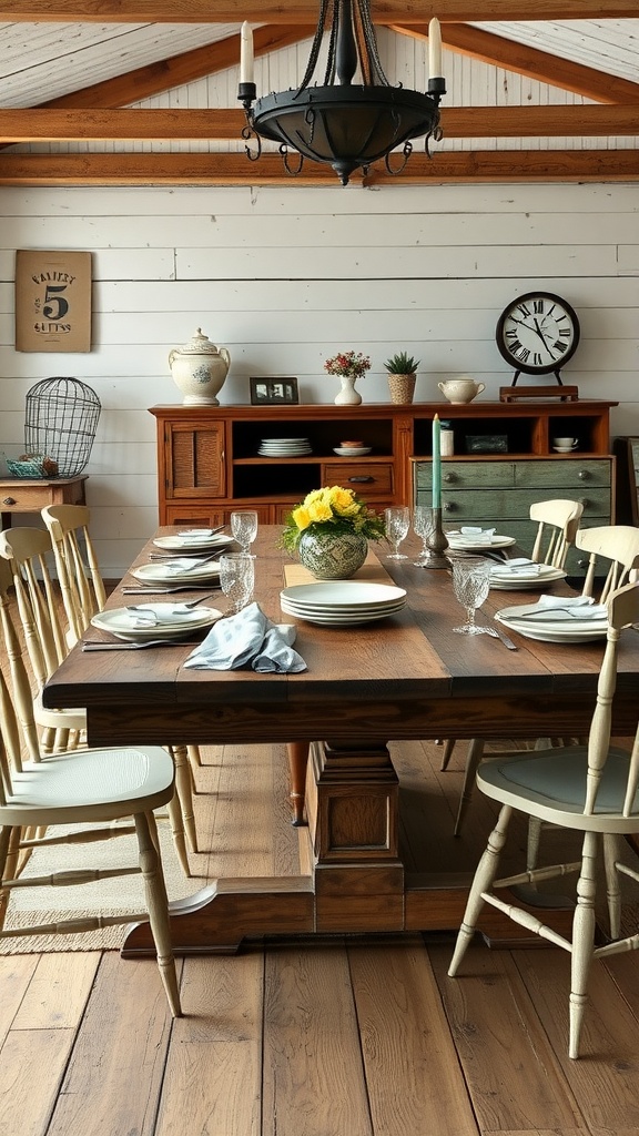 A vintage farmhouse kitchen featuring an antique dining table surrounded by chairs, set with plates and glasses, and adorned with flowers.