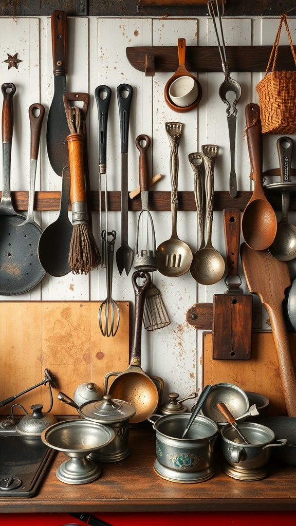 A collection of antique kitchen tools and utensils hanging on a wall in a rustic farmhouse kitchen.