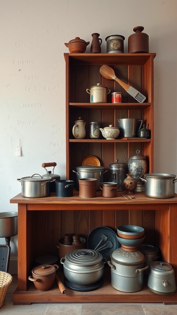 A wooden shelf filled with a collection of antique kitchenware, including pots, pans, and utensils.